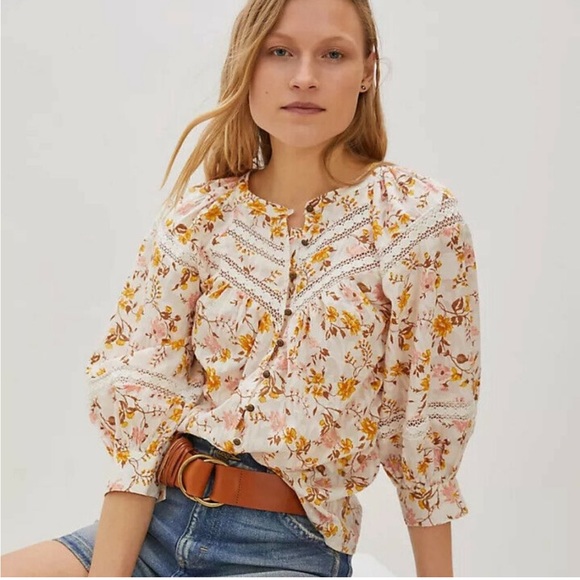Anthropologie Tops - ANTHROPOLOGIE Harmony White Floral Print Peasant Cottagecore Lace Top Medium